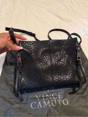 Vince Camuto Black Pebbled Leather Crossbody with Zipper Accents